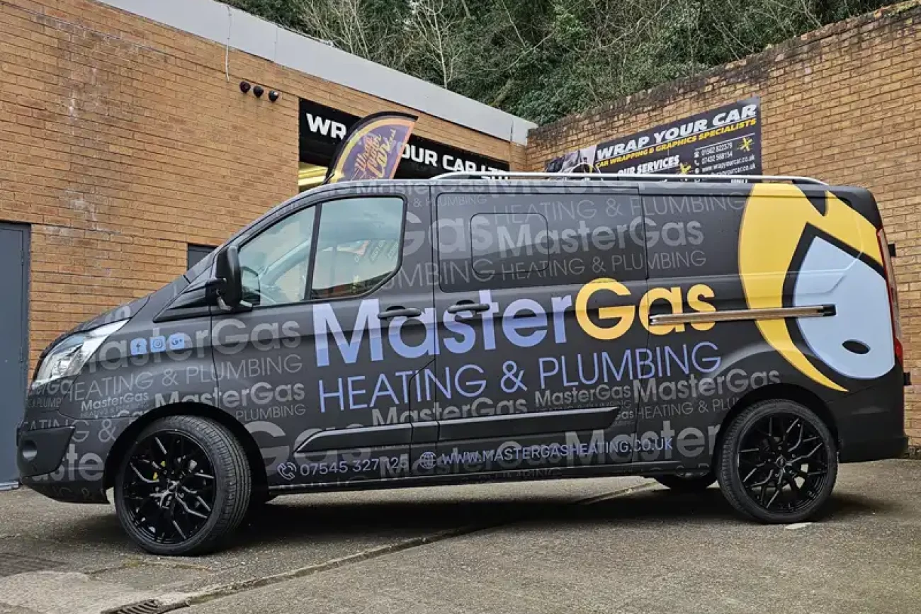 Printed commercial van wrap with heating and plumbing branding installed at Wrap Your Car Kidderminster