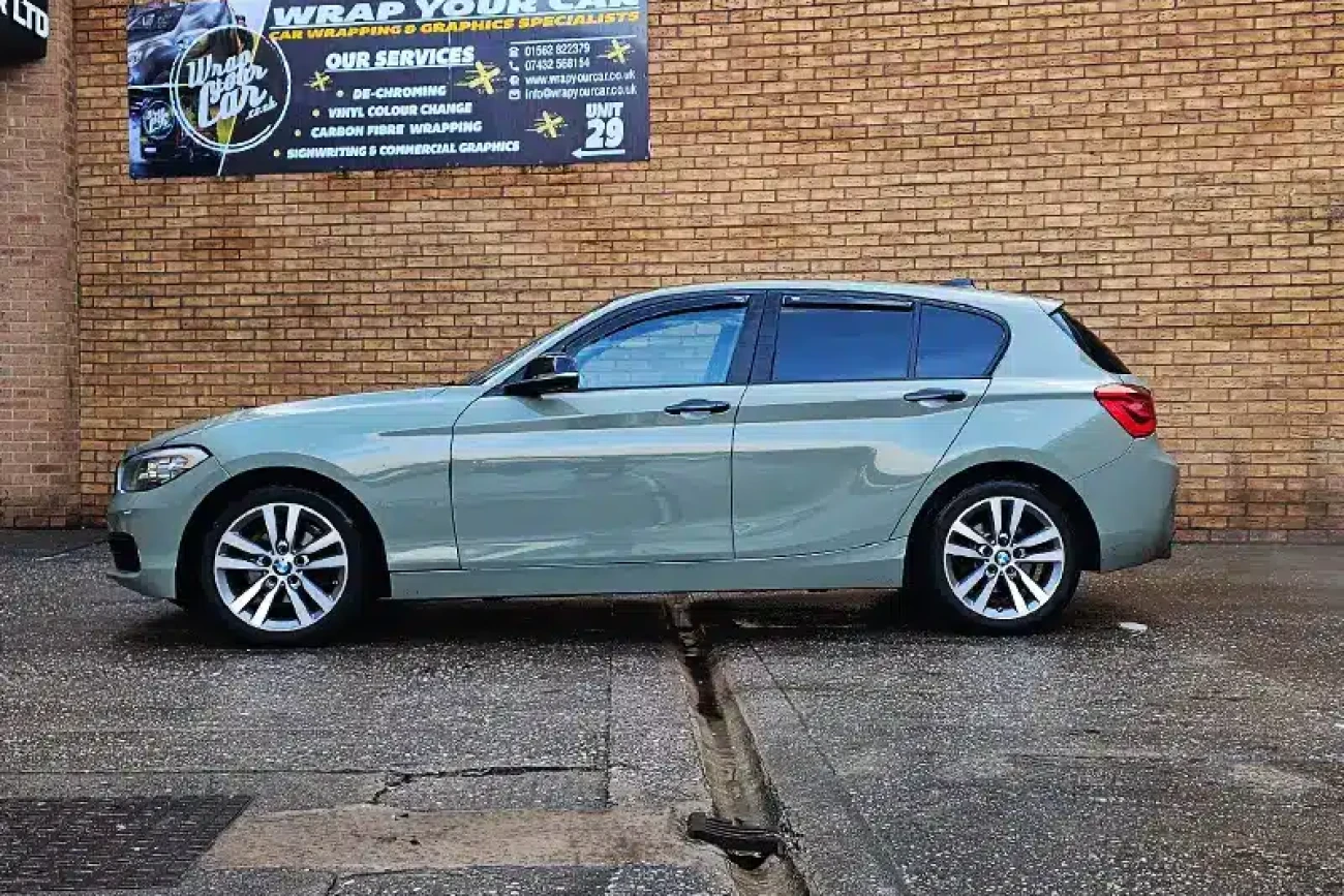BMW 1 Series in khaki green full colour change vinyl wrap side profile