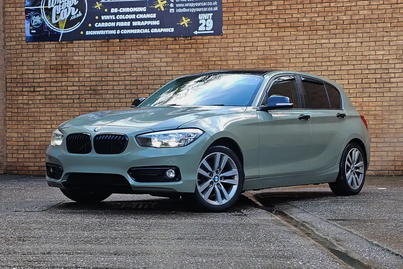 Full colour change vinyl wrap in khaki green on BMW 1 Series